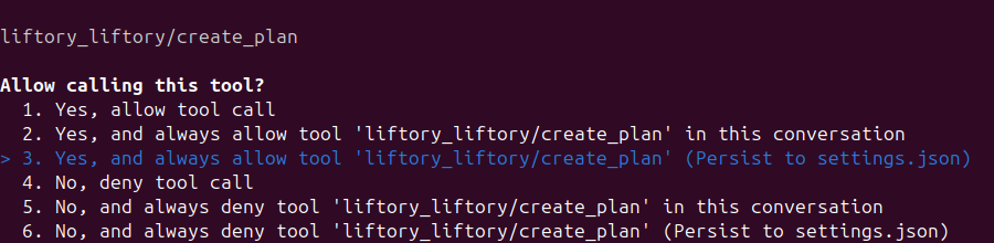 Antigravity fragt Allow calling this tool? vor create_plan von Liftory, mit den Optionen, es einmal zu erlauben, immer zu erlauben oder abzulehnen