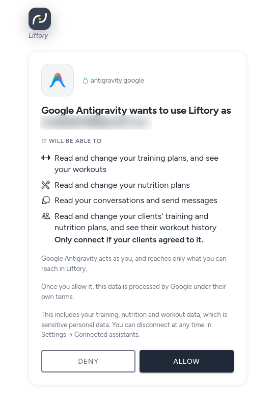 Die Zustimmungsseite von Liftory für Google Antigravity: was Antigravity dürfen wird, darunter die Schaltflächen zum Ablehnen und Erlauben