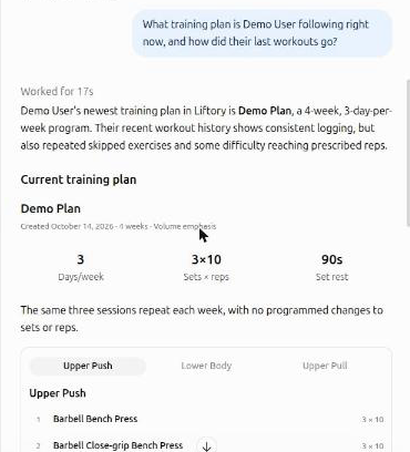 ChatGPT montre à un coach le plan Liftory actuel d'un client : jours par semaine, séries et répétitions, et repos