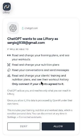 La page de consentement de Liftory pour ChatGPT : ce que ChatGPT pourra faire, avec les boutons pour refuser et autoriser