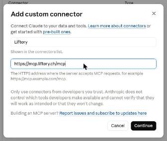 El diálogo Add custom connector de Claude, con el nombre Liftory y la dirección de Liftory rellenados