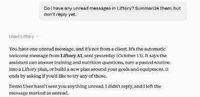 Claude resume un mensaje sin leer de Liftory, sin responder y dejándolo sin leer