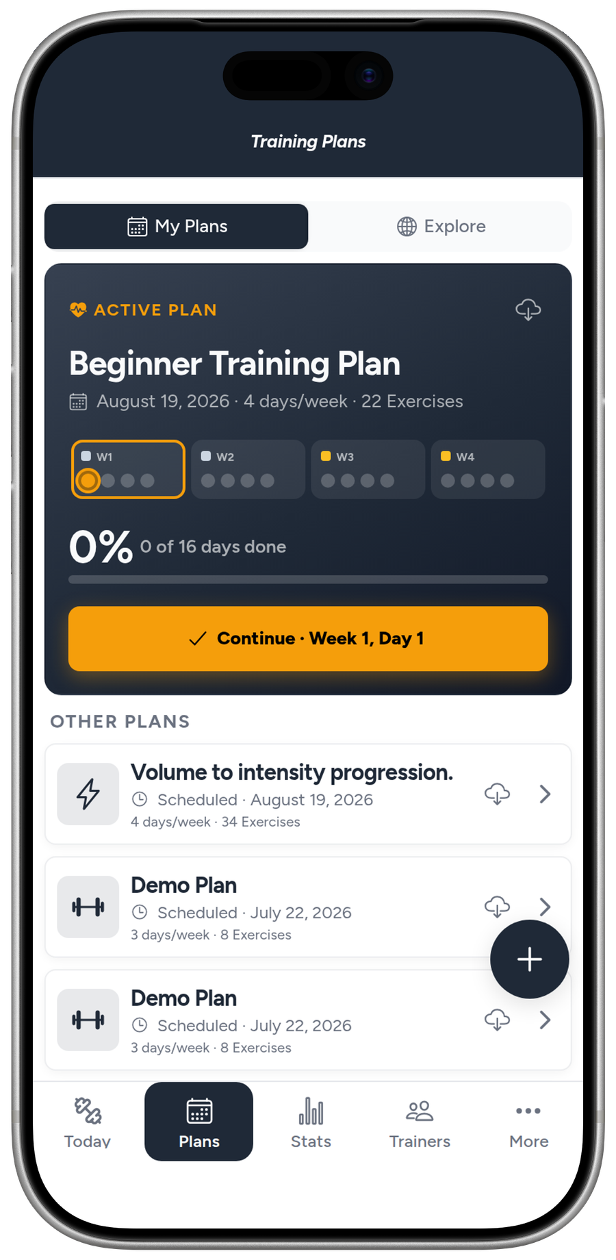 Liftory plans: the active one with its weeks, and the others waiting behind it