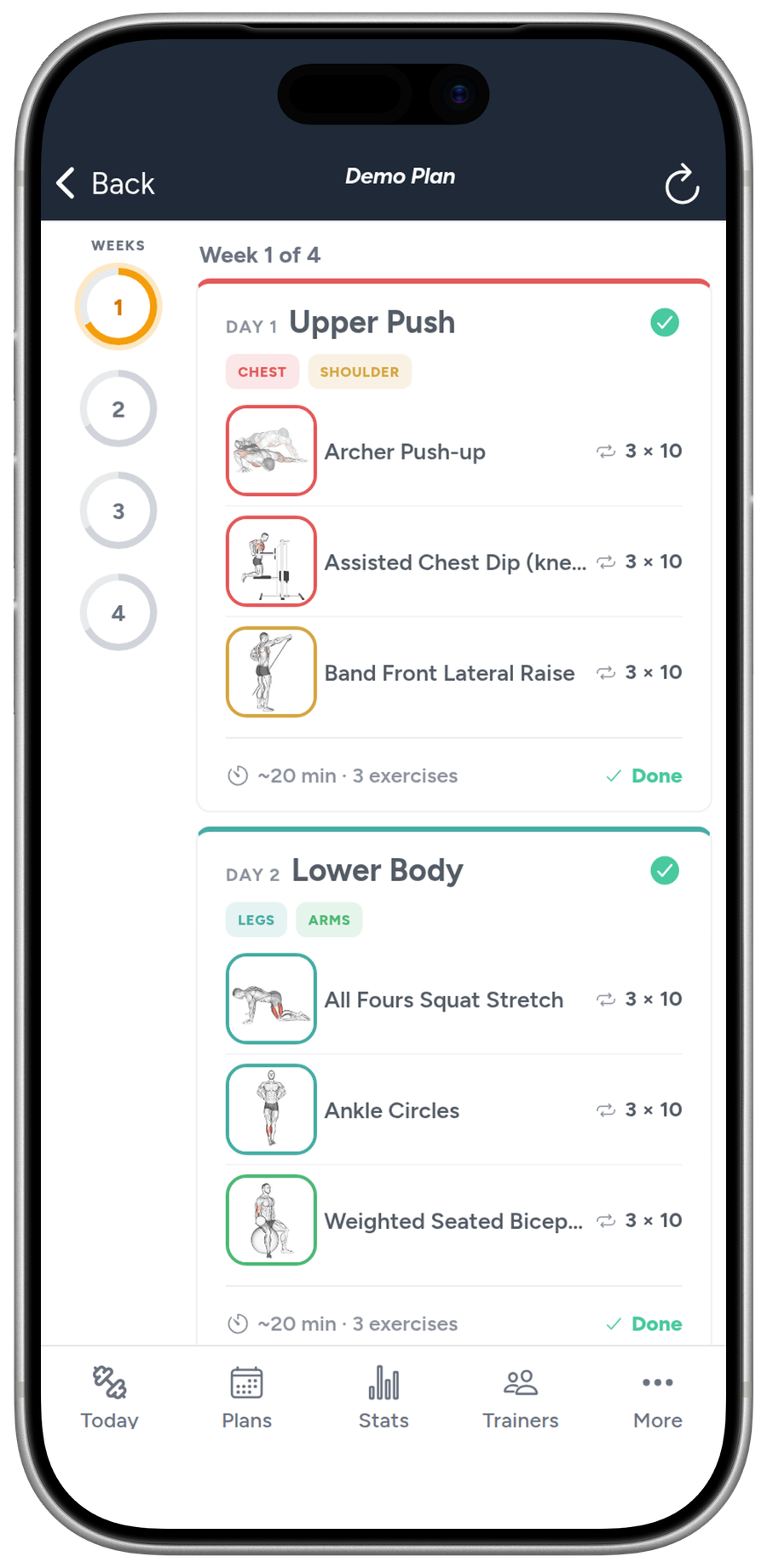 A Liftory training week: each day with its exercises, sets and reps