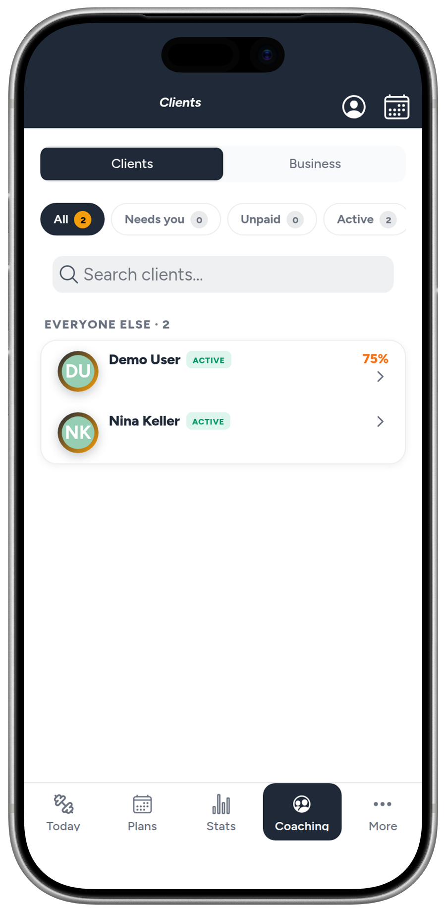 The Liftory coach dashboard, showing a roster of clients
