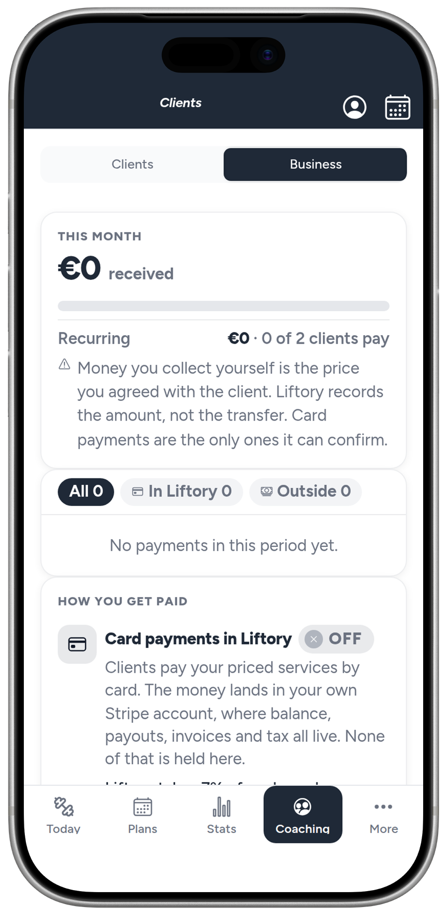 The Business tab in Liftory, showing services, payouts and session balances