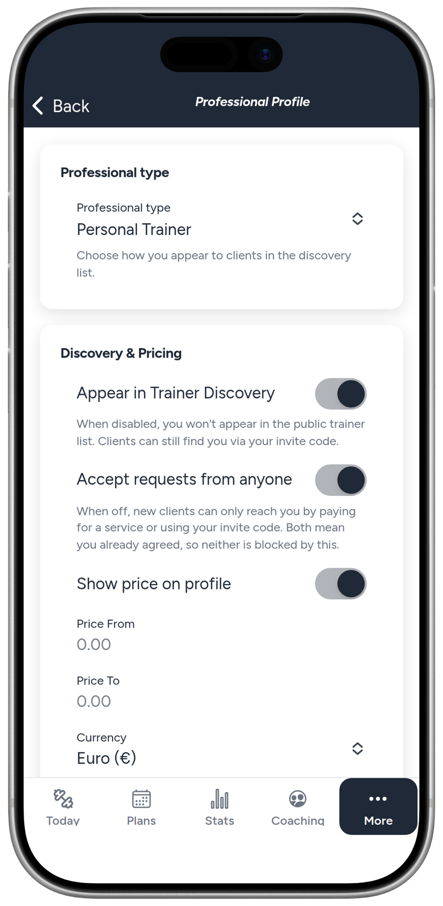 A public coach profile in Liftory, with specialties, certifications and bookable hours