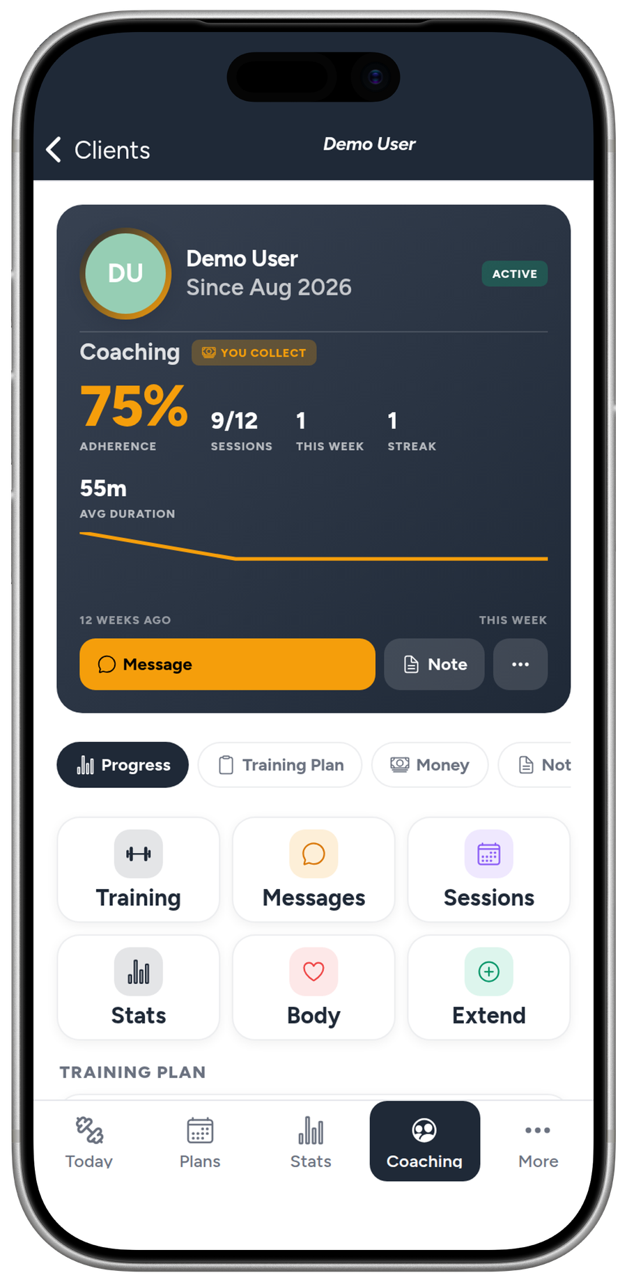 A coach's view of one client in Liftory: adherence, sessions, streak, and the plan they are on