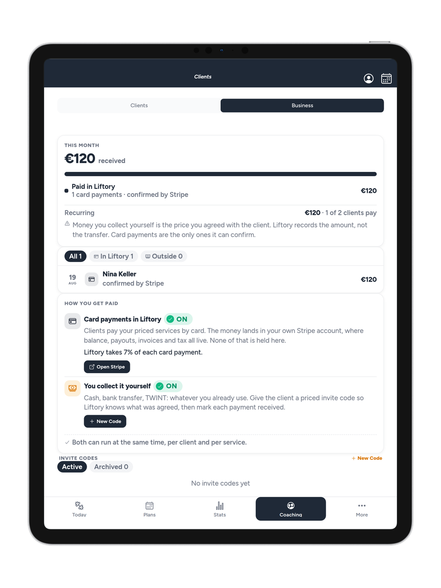 A coach's Liftory business view on iPad: what clients paid, and how payments are collected